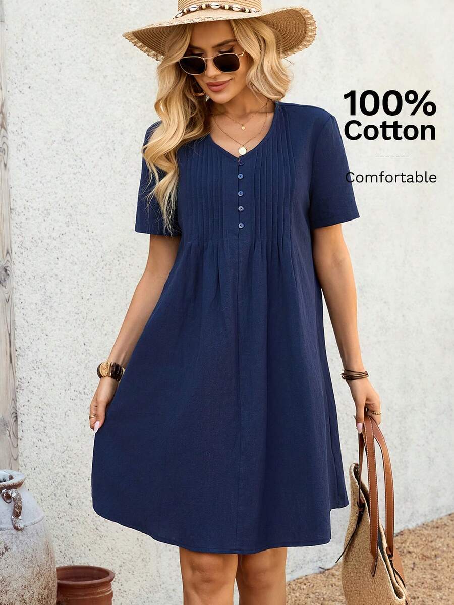 EMERY ROSE Đầm ngắn tay ngắn cổ chữ V xếp ly, màu trơn, đơn giản, thích hợp mặc hàng ngày đi làm, dành cho nữ. - Màu xanh lam - Xem 1