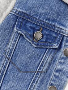 SHEIN Young Boy Casual Fashion Patchwork Hooded Denim Jacket, Suitable For Spring And Autumn, Zip Up Hooded Denim Jacket - Light Wash - View 4