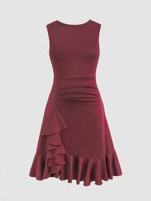 少女优雅圆领无袖荷叶边连衣裙 - 紅色 - 查看 3