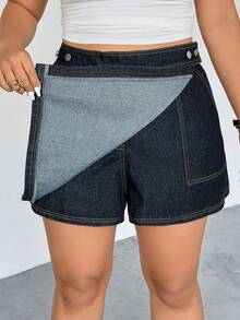 Firerie Plus Size Women's Navy Blue Denim Skort,High Waist Wrap Front Asymmetric Hem Skirt With Built-In Shorts & Pockets,Summer Smart Casual Everyday Outfit - Blue - View 5