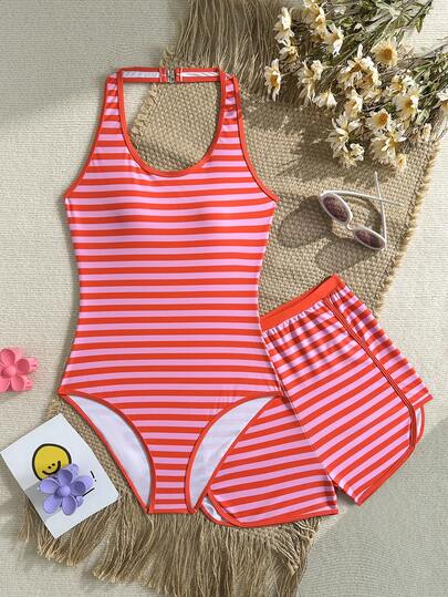SHEIN Teen Girls Striped Print Halter Neck One-Piece Swimsuit With Crop Top And Shorts 2-Piece Set, Summer Red Striped One Piece Swimsuit One Piece Bathing Suits For Women Beach Swimsuit Swimsuits For Teen Girls Red Swimsuits For Woman Full Coverage Teen Girls Bathing Suit Set Bathing Suit For 13 Years Old Swim Suits For Teens Stripes Women Swim Suit Set Teen Swim Suit Set
