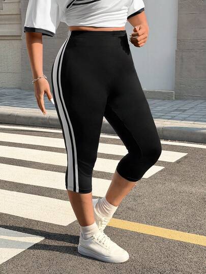 Muchica Plus Size Women's High Waist Contrast Stripe Leggings, Spring/Summer