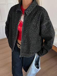 Livesso Women's Leopard Print Loose Casual Denim Jacket - Grey - View 6