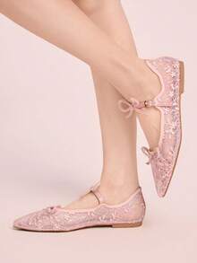 CUCCOO DOLLMOD 女士浅粉色网纱花朵刺绣时尚双蝴蝶结可爱优雅玛丽珍平底鞋 - 淺粉色 - 查看 4