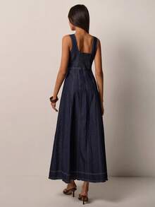 COSMINA 女士深V领无袖休闲牛仔连衣裙 - 深色水洗藍 - 查看 2