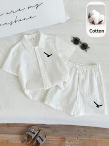 SHEIN Young Boy's Cute Summer Holiday White Printed Shirt And Elastic Waist Shorts Set,Cotton Linen Matching Outfit For Family Vacation,Birthday Party,Rave - Multicolor - View 1