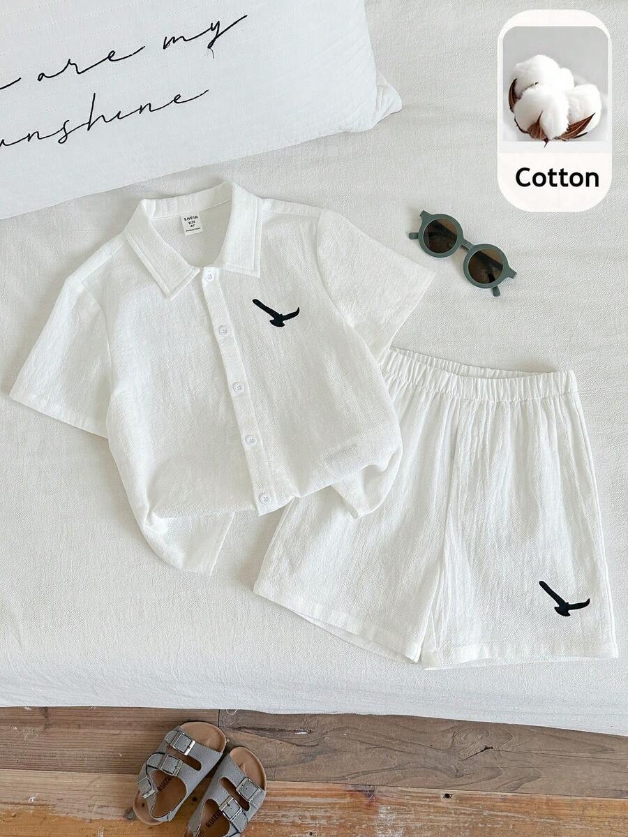 SHEIN Young Boy's Cute Summer Holiday White Printed Shirt And Elastic Waist Shorts Set,Cotton Linen Matching Outfit For Family Vacation,Birthday Party,Rave - Multicolor - View 1