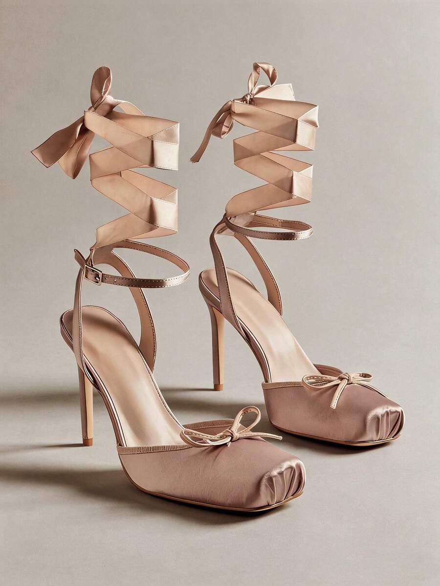 Hauture Sepatu Hak Tinggi Wanita Elegan dengan Hiasan Pita dan Tali Pergelangan Kaki - Coral Pink - View 1