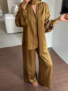 DAZY 2pcs Striped Pattern Loose Cardigan Shirt & Long Pants Pajama Set For Women, Autumn - Coffee Brown - View 6