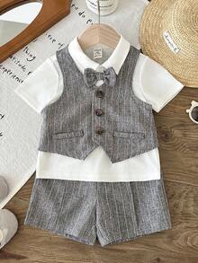 LMoss Kids 3pcs Baby Boy Woven Solid Vest + Knit Solid Casual Shirt + Shorts Gentleman Outfit Set - Multicolor - View 4