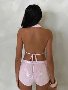 SHEIN Glamour Conjunto de 2 peças com top halter sem costas e shorts com paetês, para férias - Rosa Bebê - Visão 2