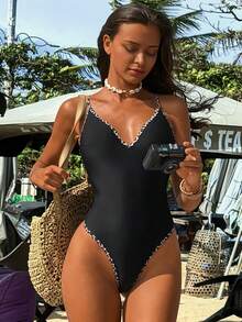 SHEIN Swim Vcay-D Women's Solid & Random Leopard Print Deep V One-Piece Swimsuit, Spring/Summer - Black - View 4