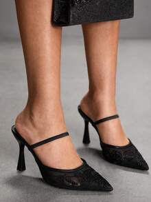 CUCCOO SZL New Autumn Lace-Up Mesh Pointed Toe High Heel Sandals - Black - View 1