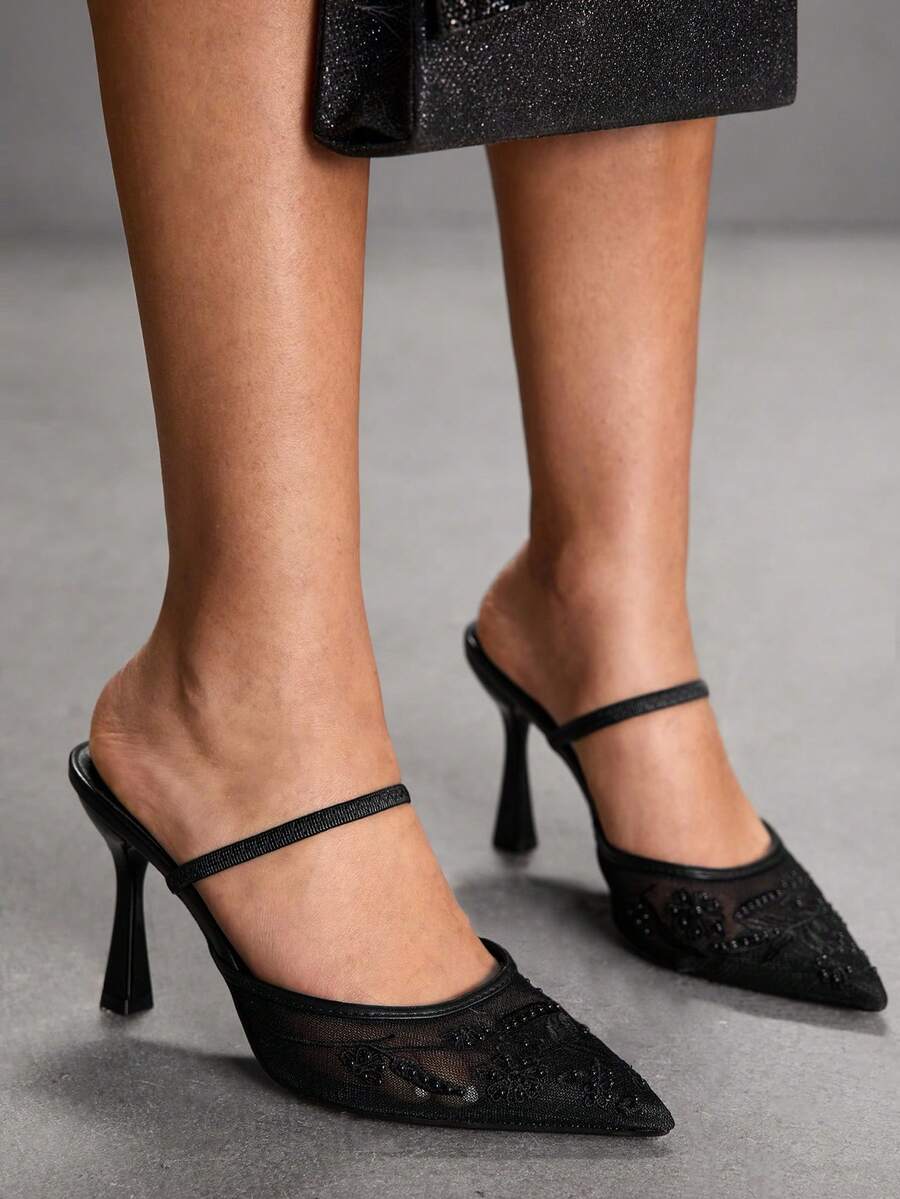 CUCCOO SZL New Autumn Lace-Up Mesh Pointed Toe High Heel Sandals - Black - View 1