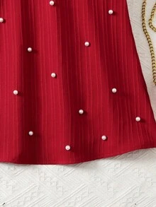 SHEIN Young Girl Cute Summer Vacation Elegant Textured Ruffle Trim Beaded Cap Sleeve A-Line Dress, Red - Red - View 8