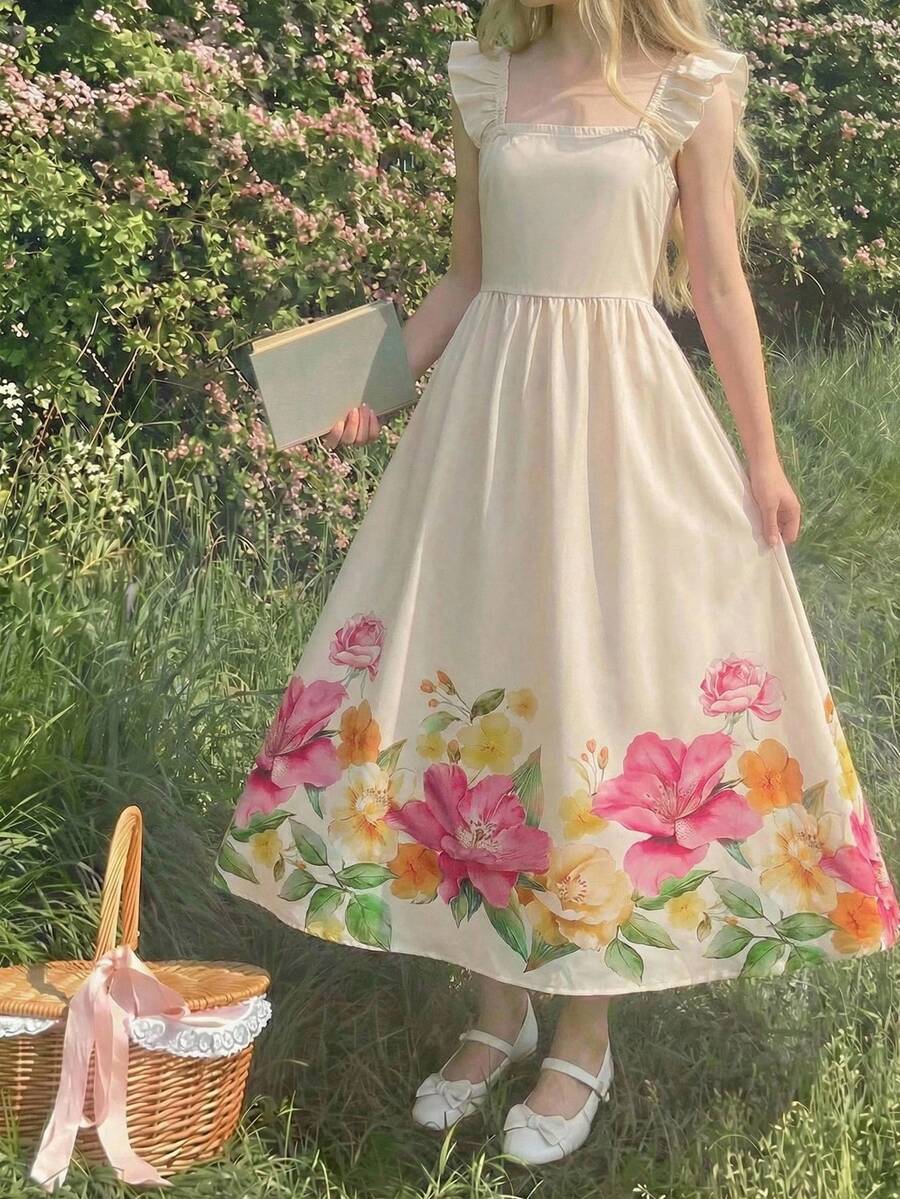 SHEIN 少女梭织印花方领短袖长款连衣裙,夏季度假波西米亚风印花连衣裙 - 彩色 - 查看 1