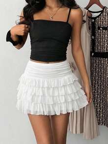 Chân váy xếp tầng bồng bềnh thanh lịch, màu trắng, phong cách cô gái ngọt ngào thời kỳ Y2K. - trắng - Xem 2