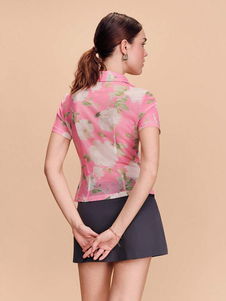 Pink Floral Print Mesh Button Front Short Sleeve Shirt Spring Summer Fitted Flower Top Vacation Top Going Out Top
