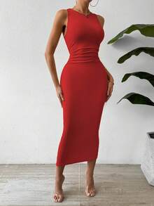 Olithes 夏季休闲优雅音乐会商务约会旅行度假圆领褶皱腰身修身无袖长裙 - 彩色 - 查看 3