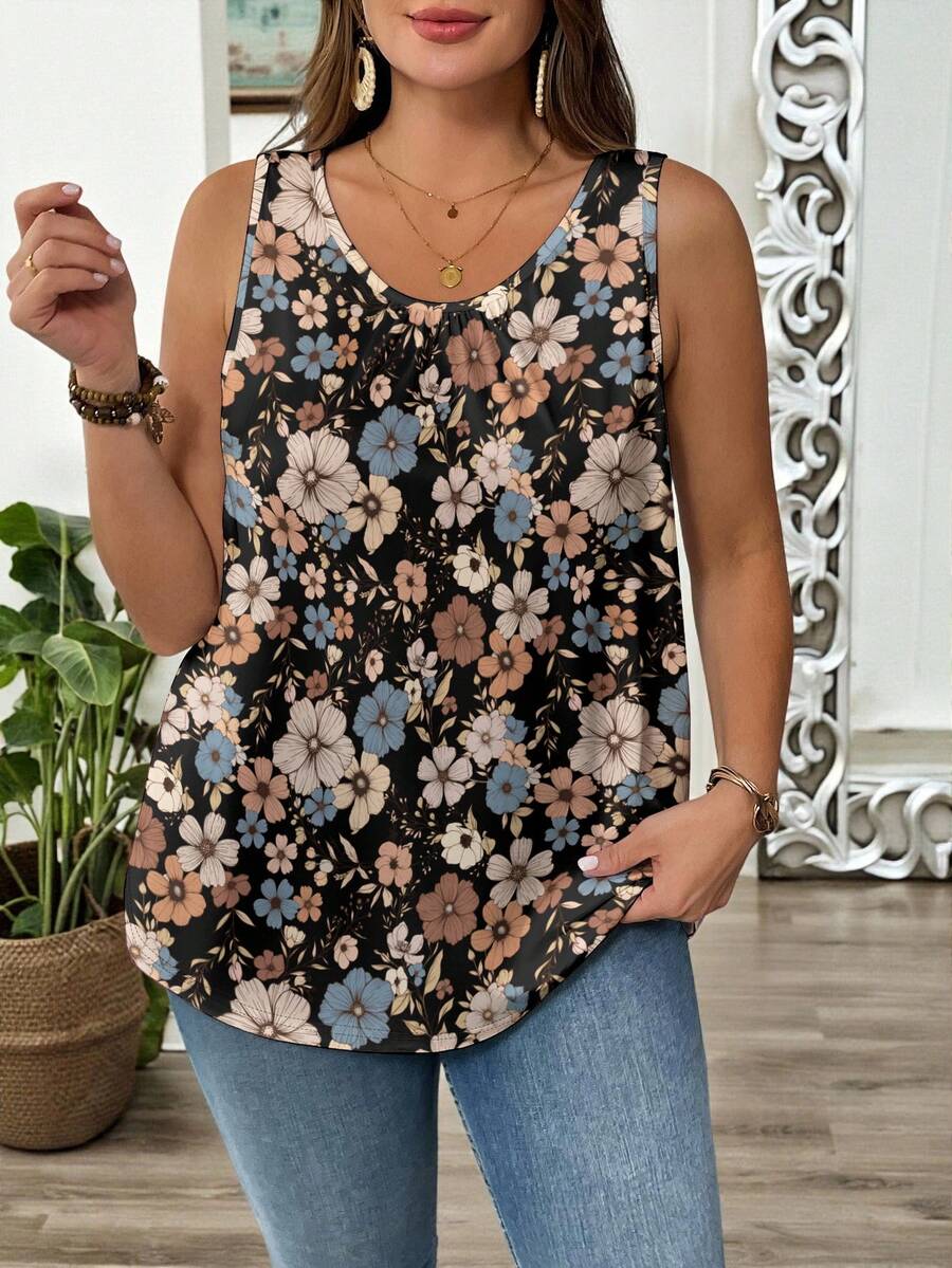 EMERY ROSE Plus Size Women Floral Print Casual Loose Fit Round Neck Tank Top Woman Dress - Multicolor - View 1