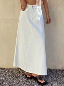 Livesso 女士休闲纯白色口袋牛仔迷你裙，春夏款 - 米色 - 查看 5