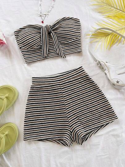 Soleia Plus Size Women's Black & White Striped Woven Fabric Tie-Front Bandeau Top And High Waist Shorts 2-Piece Set, Suitable For Dates, Afternoon Tea, Beach, Cruise, City Vacation, Music Festivals, Boho Vacation