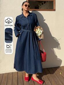 Dazy Plus Fashionable Casual Loose Retro Denim Dress, Turndown Collar Half-Open Front A-Line Slimming Long Denim Dress, Spring/Autumn - Dark Wash - View 1