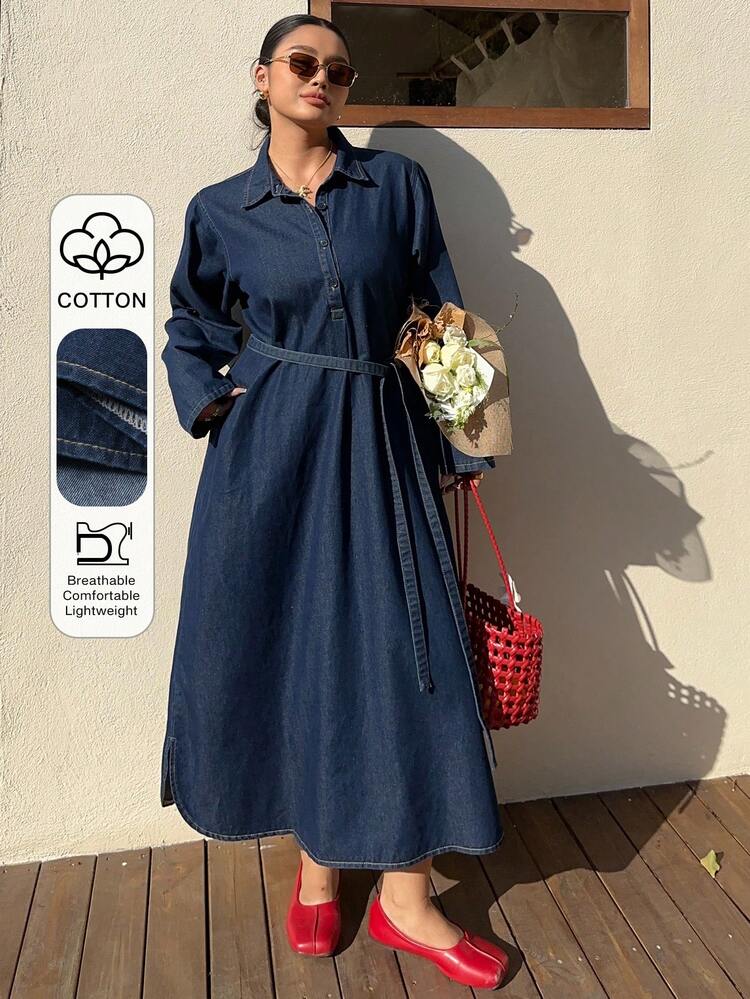 Dazy Plus Fashionable Casual Loose Retro Denim Dress, Turndown Collar Half-Open Front A-Line Slimming Long Denim Dress, Spring/Autumn