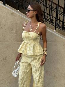 Siren Gaze Women's New Summer Clothes ,Work Outfits For Women,Casual Clothes For Women, Women's Elegant Jacquard Camisole And Pants 2 Pieces Set, Summer, Summer Women Vacation Outfit Sets Women Summer Outfit Sets Women's 2 Pieces Sets Women's Summer Co Ord Women 2 Pieces Outfit Casual - Yellow - View 4