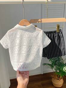 SHEIN 2pcs/Set Baby Boy Toddler Casual Vacation Style Polo Collar Shirt And Black Striped Shorts Set, Spring/Summer Baby Boy Clothes, Outfit Set - White - View 2