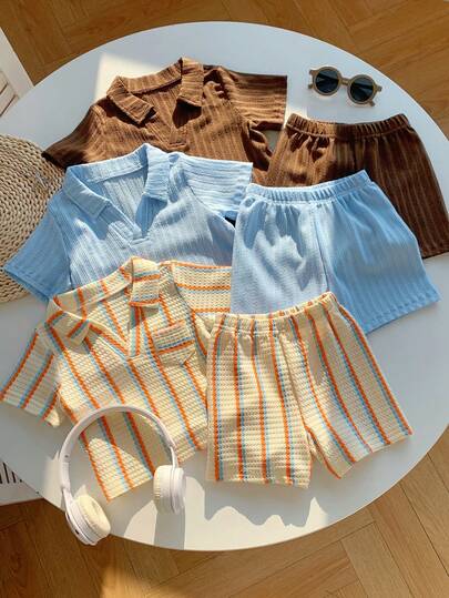 SHEIN 3 sztuki/zestaw unisex dla chłopca/dziewczynki, swobodny, pasiasty, krótki rękaw, koszulka polo, koszula, dzianinowy top i spodenki, ubranka dla niemowląt na wiosnę/lato
