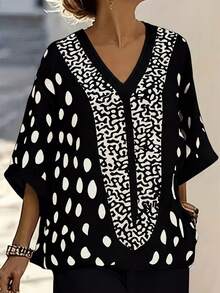 Balvessa Polka Dot Print V-Neck Shirt And Wide Leg Loose Straight Pants Two Pieces Set, Casual Vacation Outfit For Women - Multicolor - View 4