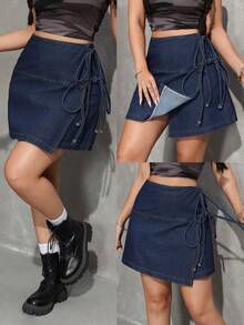SHEIN Tall Women's Casual Asymmetric Hem Denim Skirt With Side Tie Design - Dark Wash - View 1