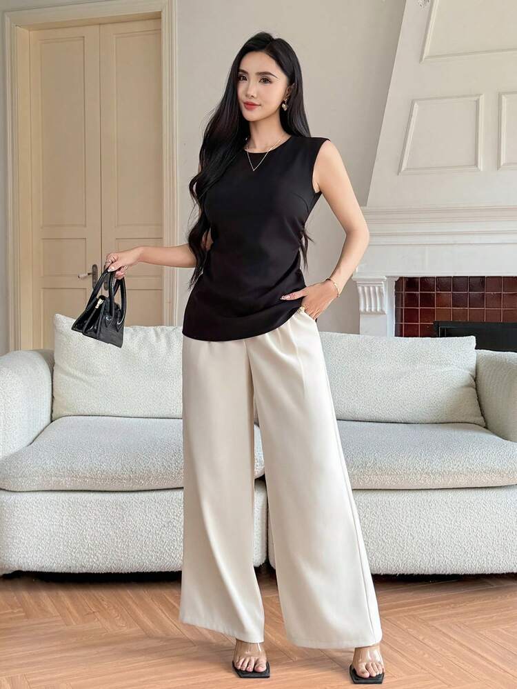 Women's Solid Color Crew Neck Sleeveless Shirt And Wide Leg Pants Casual 2-Piece Set Summer