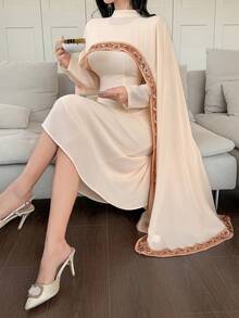 DAZY Women's Elegant Color Block Dress With Chiffon Overlay, 2 Pieces Set, Spring/Summer - Beige - View 6