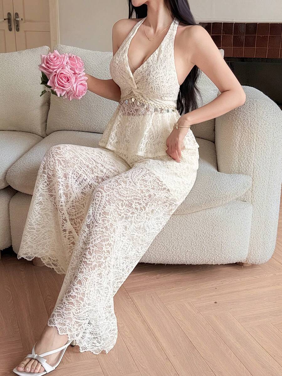 DAZY Women's Elegant Lace Sleeveless Top And Straight Leg Pants 2 Pieces Set, Spring/Summer - Beige - View 1