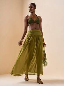 Zivah 新款优雅简约风格深黄绿色沙滩罩裙，休闲度假装 - 綠色 - 查看 4