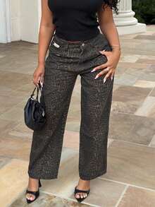 Alexandranx 女式豹纹阔腿宽松休闲牛仔裤，带口袋 Y2k - 棕色 - 查看 4