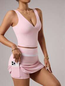 Dewbera Women's Spring/Summer Sports Set, Includes: Pink Cross V-Neck Regular Length Fitted Sports Top, Contrast Waistband A-Line Sports Skirt With Shorts Lining And Pockets, Suitable For Casual Wear, Running, Yoga, Gym, Tennis, Golf - Pink - View 7