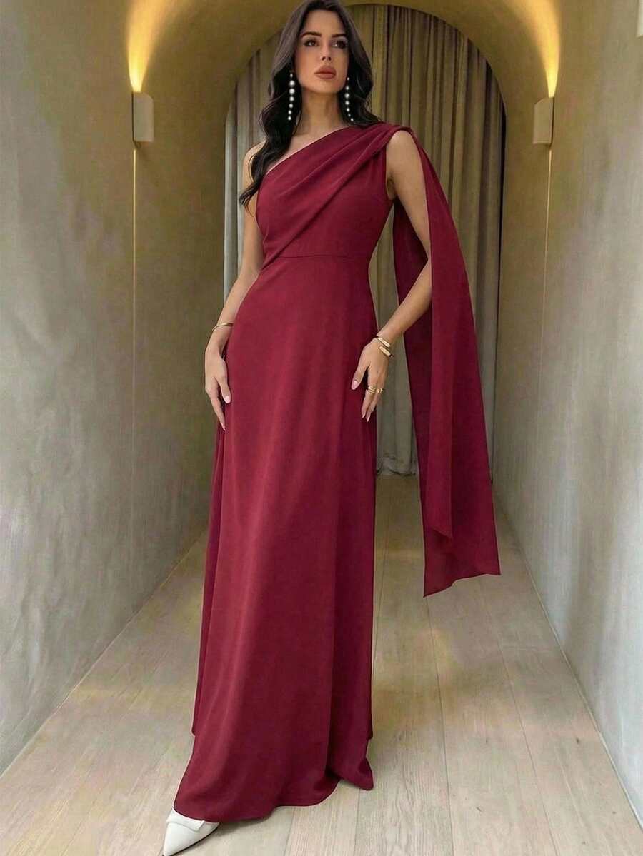 Firerie 女士优雅浪漫精致不对称领褶裥连衣裙，长袖，修身剪裁，红色，女士粉彩色连衣裙 - 酒紅色 - 查看 1