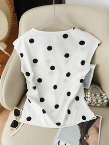Franclia 女士新款波点V领宽松侧褶皱休闲衬衫，适合外出、度假、日常穿着、通勤、节日和约会，春夏款 - 黑與白 - 查看 2