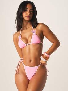 MISSGUIDED Pink Triangle Bikini Set With Halter Neck And Side Tie String Bottoms Summer Beach Swimwear Two Piece - Pink - View 1