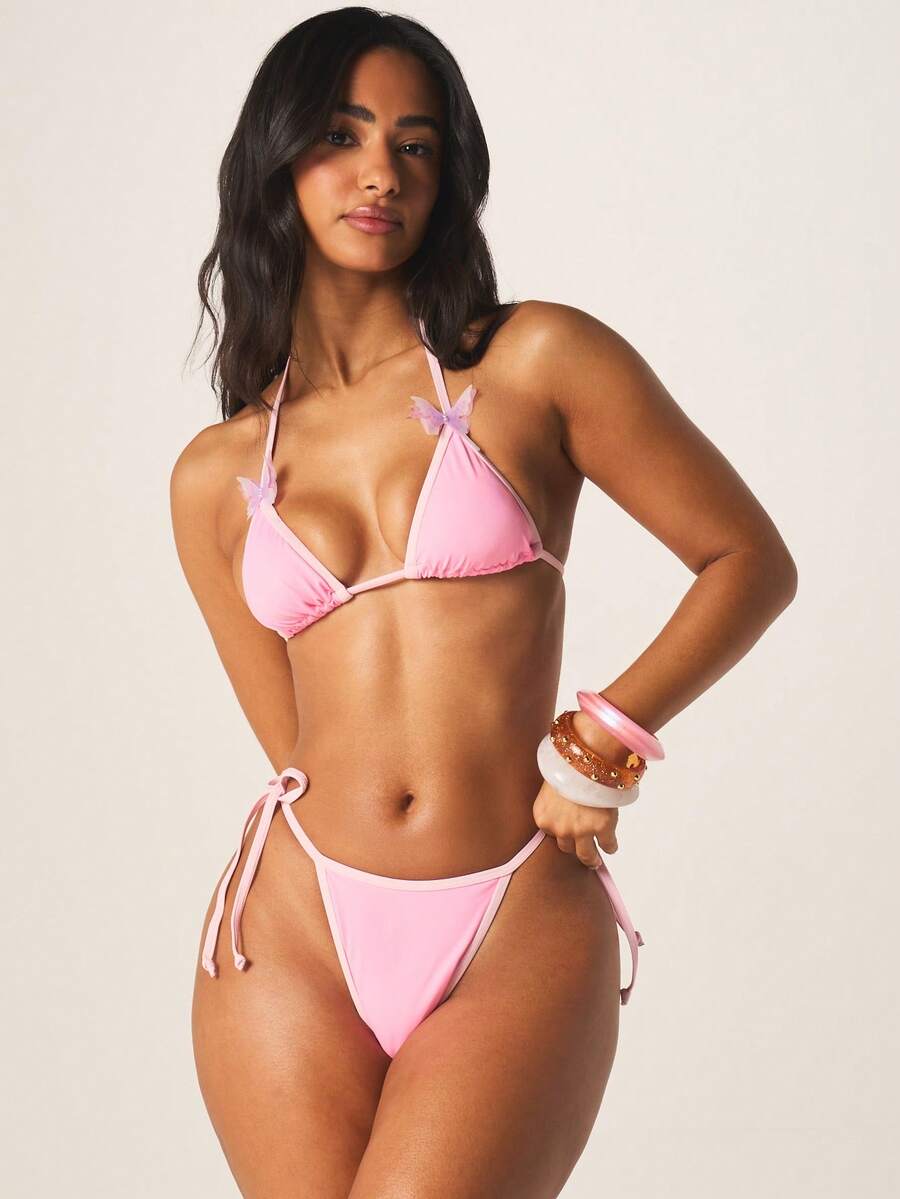 MISSGUIDED Pink Triangle Bikini Set With Halter Neck And Side Tie String Bottoms Summer Beach Swimwear Two Piece - Pink - View 1