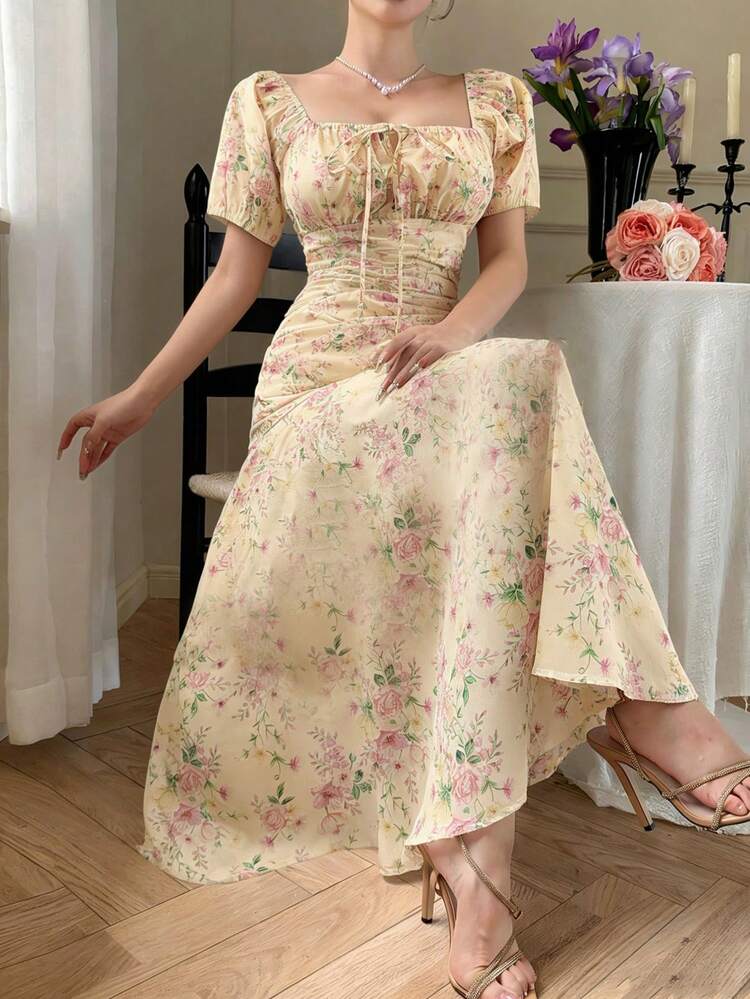Women's Floral Print Tie Front Petal Sleeve Dress, Elegant Holiday Style Maxi Dress Sundress Boho