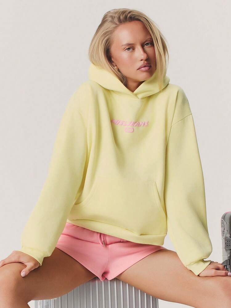 MISSGUIDED Felpa oversize con cappuccio da donna Miss Jeans, con stampa di testo rosa, pullover casual con maniche lunghe, adatta per l'autunno e l'inverno, stile streetwear