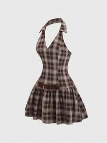 Sweetra New Spring/Summer Women's Retro High Street Chic Vintage Sexy Slim Fit Elegant Casual Comfortable Brown Plaid Dress - Brown - View 3