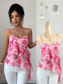 SHEIN Elenzya 印花V领拼接不对称荷叶边下摆女式吊带衫 - 粉色 - 查看 4