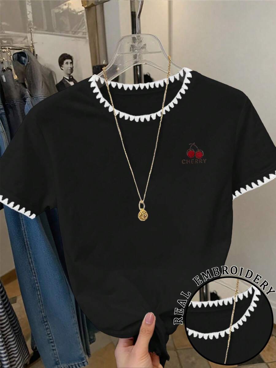 Resyla 大码女式字母樱桃印花圆领短袖休闲百搭T恤 - 黑色 - 查看 1