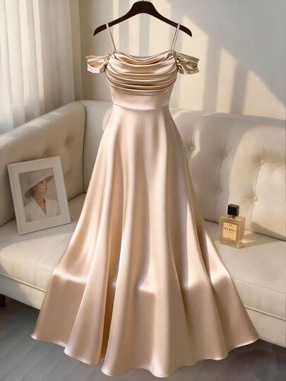 Franclia Đầm midi trễ vai kiểu Pháp thanh lịch, cổ bèo nhún, dáng chữ A thắt eo, không tay, màu sâm panh, cỡ lớn.