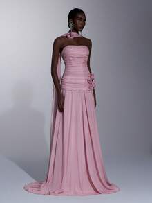 Elitara Elegant, Romantic, Fashionable, Dignified, Pink, Organza Fabric, Ruched Decor, 3D Decoration, Bust Cup, Extra-Large Skirt, Elegant Party Dress, Wedding Guest Dress, Bachelorette Party Dress, Formal Evening Gown - Dusty Pink - View 3